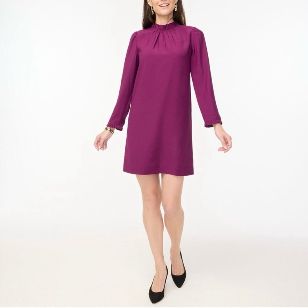 J. Crew Long Sleeve Burgundy Purple Ruffle Neck Shift Dress 4